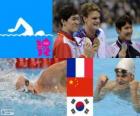 Yüzme Erkekler 200 metre serbest podyum, Yannick Agnel (Fransa), Sun Yang (Çin) ve Park Tae Hwan (Güney Kore) - Londra 2012-